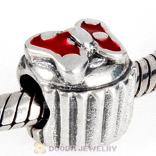 Antique Sterling Silver Cupcake Bead with Red Enamel Bowknot Charm Beads