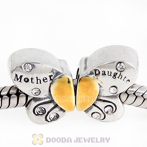 Sterling Silver Mother Daughter Butterfly Beads with Clear Austrian Crystal