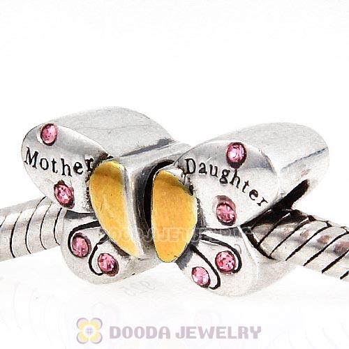 Sterling Silver Mother Daughter Butterfly Beads with Light Rose Austrian Crystal