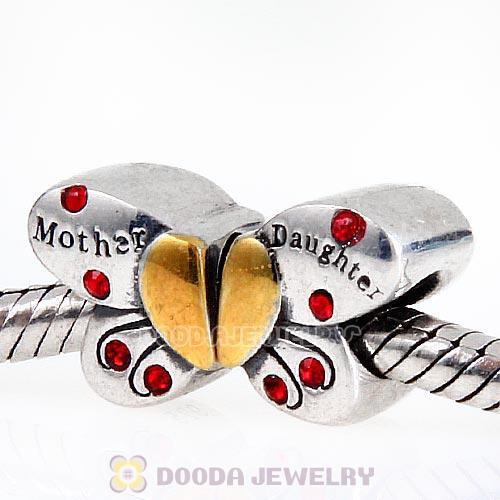 Sterling Silver Mother Daughter Butterfly Beads with Light Siam Austrian Crystal