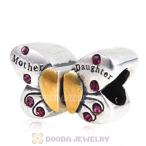 Sterling Silver Mother Daughter Butterfly Beads with Amethyst Austrian Crystal