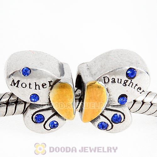 Sterling Silver Mother Daughter Butterfly Beads with Sapphire Austrian Crystal