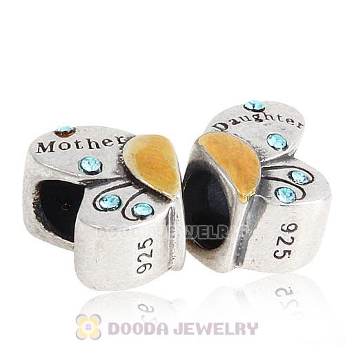 Sterling Silver Mother Daughter Butterfly Beads with Aquamarine Austrian Crystal