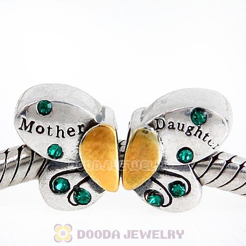 Sterling Silver Mother Daughter Butterfly Beads with Emerald Austrian Crystal