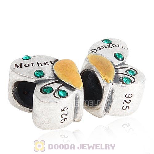 Sterling Silver Mother Daughter Butterfly Beads with Emerald Austrian Crystal