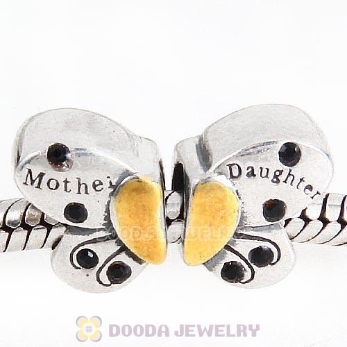 Sterling Silver Mother Daughter Butterfly Beads with Jet Austrian Crystal