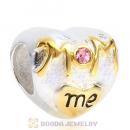 Sterling Silver Gold Plated MOM Love me Heart Beads with Light Rose Austrian Crystal