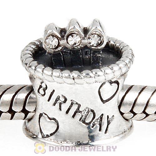 Sterling Silver Birthday Cake Charm Beads with Clear Austrian Crystal Wholesale