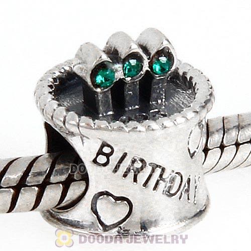 Sterling Silver Birthday Cake Charm Beads with Emerald Austrian Crystal Wholesale