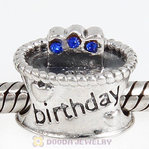Sterling Silver Birthday Cake Charm Beads with Sapphire Austrian Crystal Wholesale