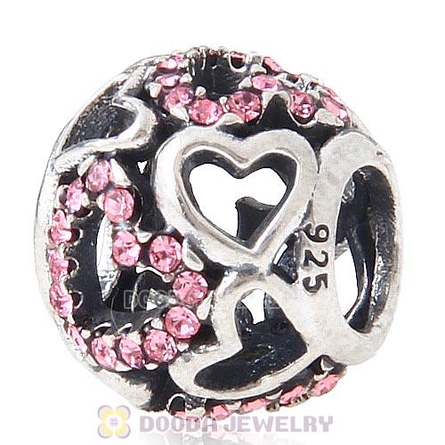 Sterling Silver love Hearts Charm with Light Rose Heart Austrian Crystal