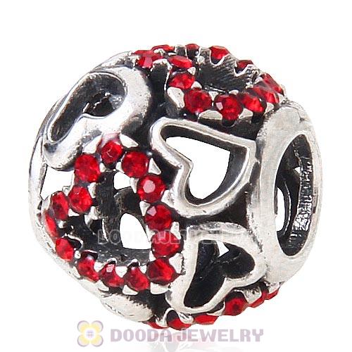 Sterling Silver love Hearts Charm with Light Siam Heart Austrian Crystal