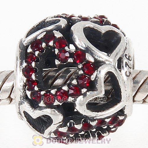 Sterling Silver love Hearts Charm with Siam Heart Austrian Crystal