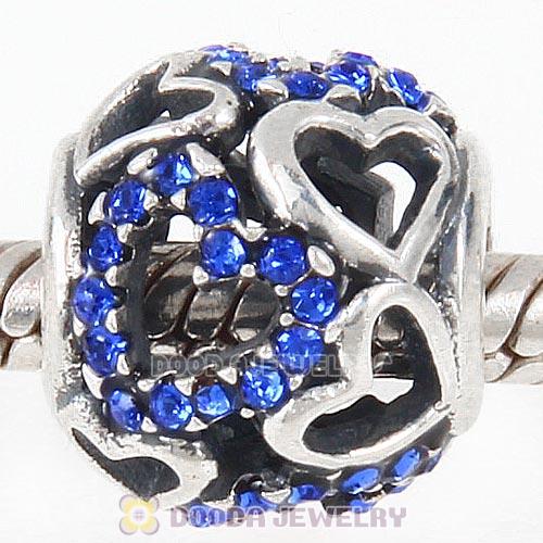 Sterling Silver love Hearts Charm with Sapphire Heart Austrian Crystal
