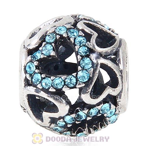 Sterling Silver love Hearts Charm with Aquamarine Heart Austrian Crystal