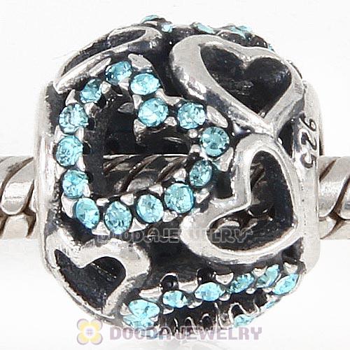 Sterling Silver love Hearts Charm with Aquamarine Heart Austrian Crystal