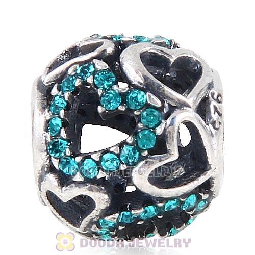 Sterling Silver love Hearts Charm with Blue Zircon Heart Austrian Crystal