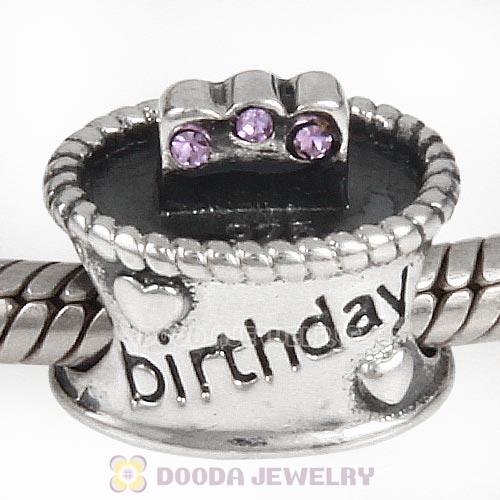 Sterling Silver Birthday Cake Charm Beads with Violet Austrian Crystal Wholesale
