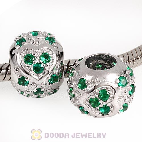 Sterling Silver European Style Heart Beads with Emerald CZ Stone
