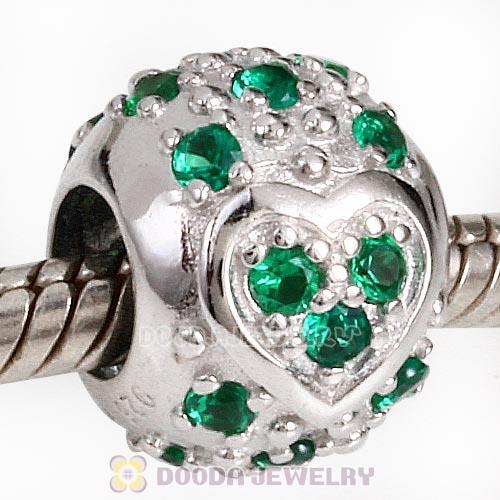 Sterling Silver European Style Heart Beads with Emerald CZ Stone