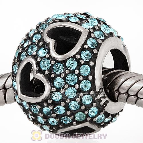 Sterling Silver Tumbling Hearts Charm with Sparkling Aquamarine Austrian Crystal