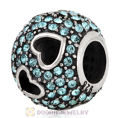 Sterling Silver Tumbling Hearts Charm with Sparkling Aquamarine Austrian Crystal