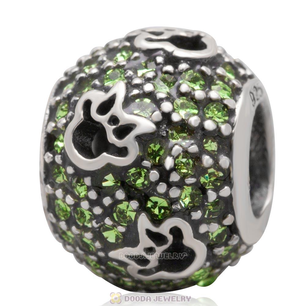 European Style Sterling Silver Minnie Head Charm With Peridot Austrian Crystal