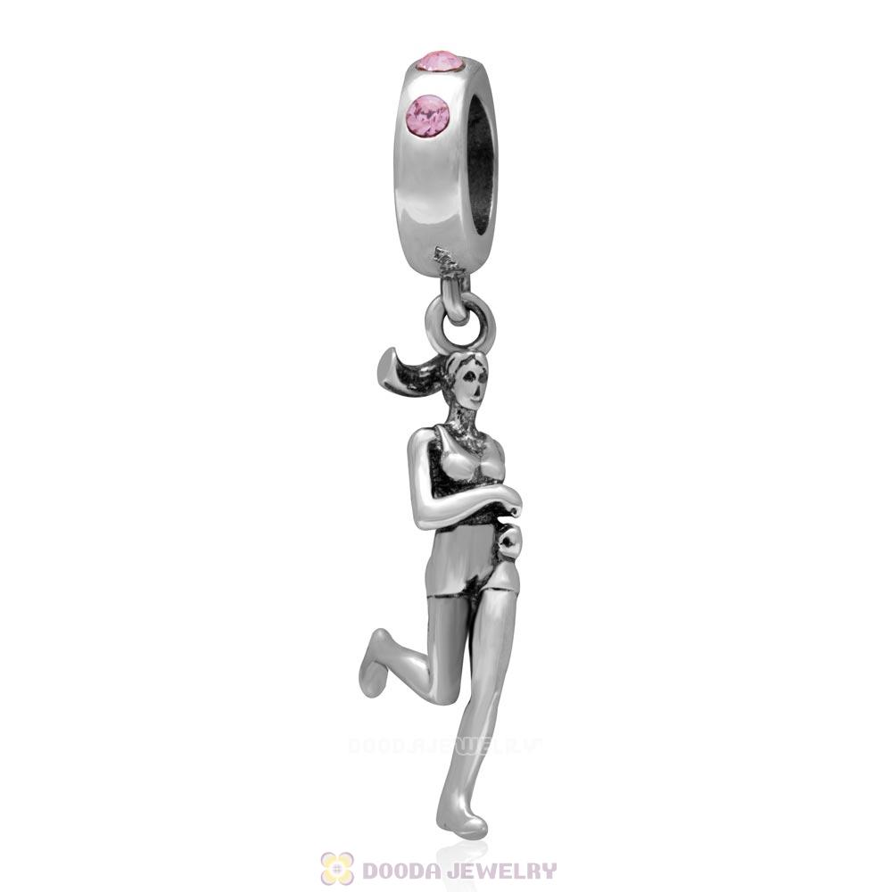 Sterling Silver Lady Runner Dangling Bead with Lt Rose Austrian Crystal