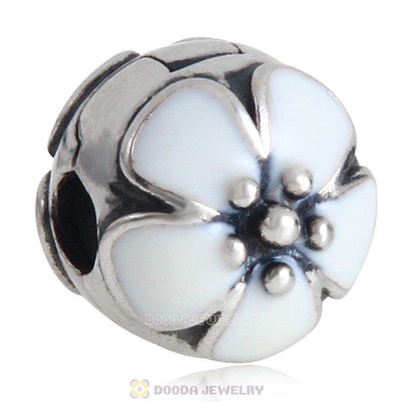 925 Sterling Silver European Cherry Blossom White Enamel Clip Beads 