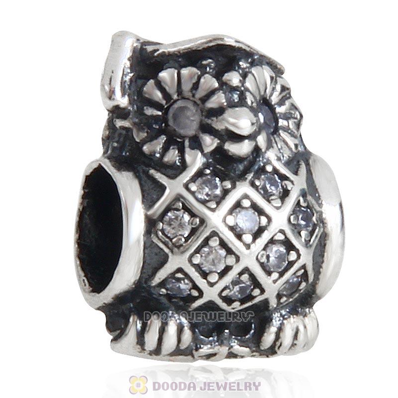 925 Sterling Silver Graduate Owl Charm Bead with Clear CZ
