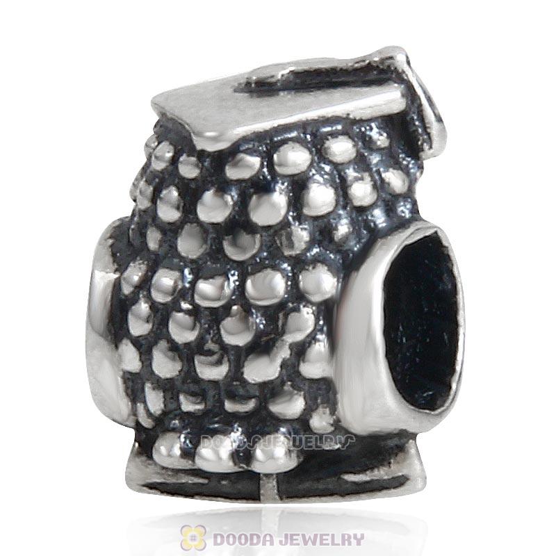 925 Sterling Silver Graduate Owl Charm Bead with Clear CZ