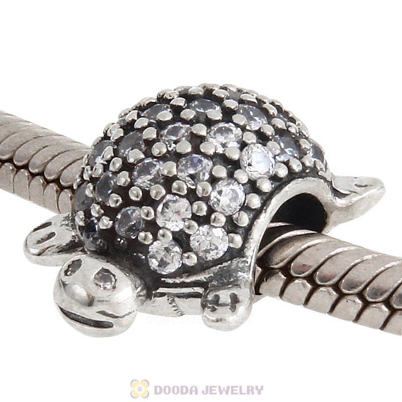 925 Sterling Silver Sea Turtle Charm Bead With Pave Clear CZ