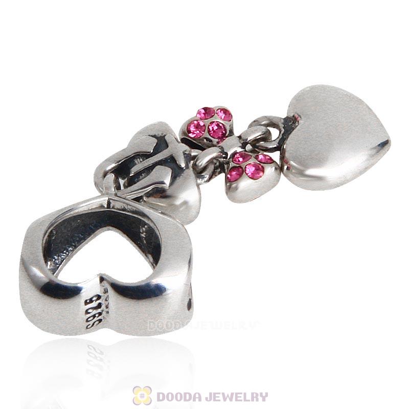 925 Sterling Silver Fashionably Tied Charm with Rose Austrian Crystals 