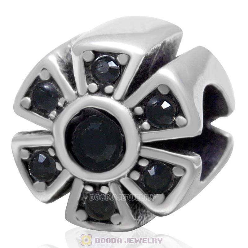 Sparkly Flower Charm 925 Sterling Silver Jet Crystal Bead