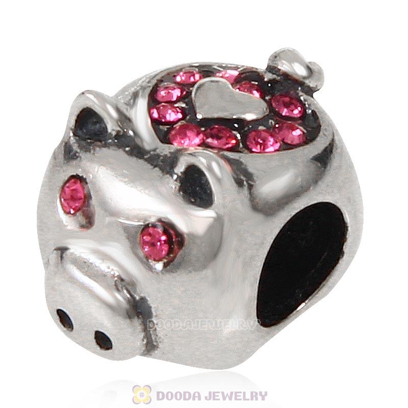 925 Sterling Silver Cute Pig with Rose Love Crystal Charm Bead