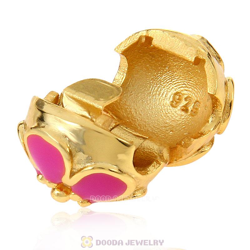 Gold Plated Sterling Silver Cherry Blossom Rose Enamel Clip Beads 