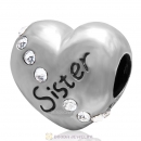 925 Sterling Silver Clear Crystal Sister Heart Love Bead