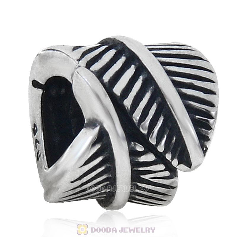 Antique Sterling Silver Feather Charm Bead European Spacers 