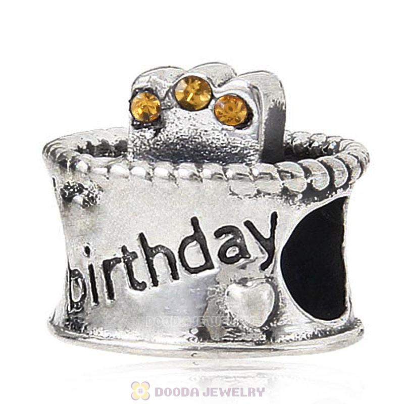 Sterling Silver Birthday Cake Charm Beads with Topaz Austrian Crystal Wholesale