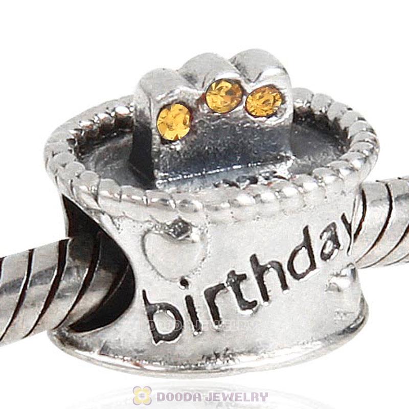Sterling Silver Birthday Cake Charm Beads with Topaz Austrian Crystal Wholesale