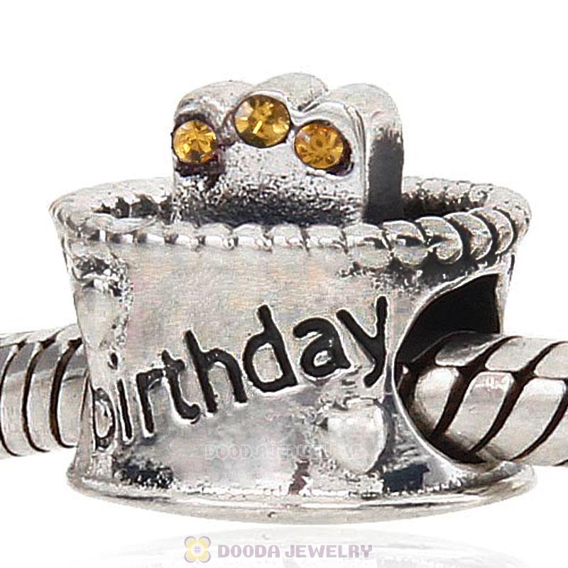 Sterling Silver Birthday Cake Charm Beads with Topaz Austrian Crystal Wholesale