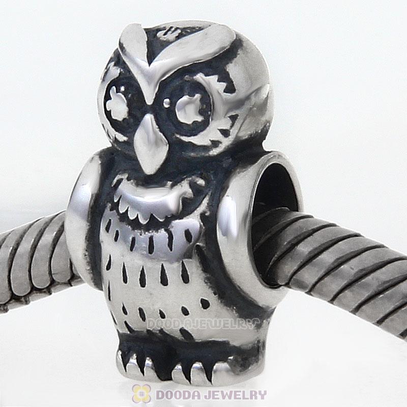 Antique 925 Sterling Silver Thick Owl European Charm Bead 
