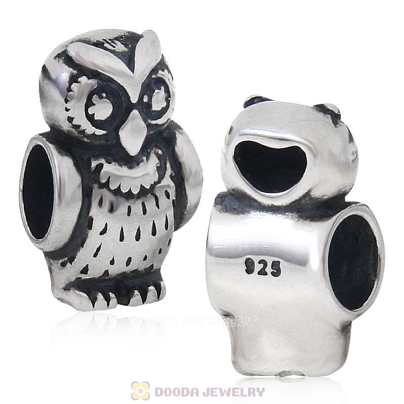 Antique 925 Sterling Silver Thick Owl European Charm Bead 
