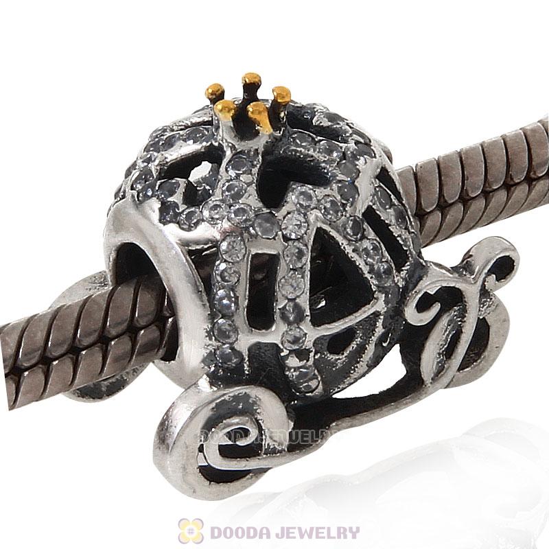 925 Sterling Silver Sparkling Pumpkin Coach Charm with Clear Cz