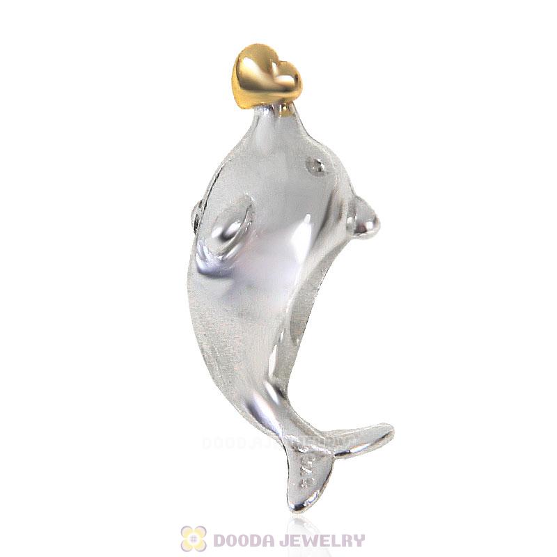 925 Sterling Silver Playful Dolphin Holding Gold Heart Charm Bead