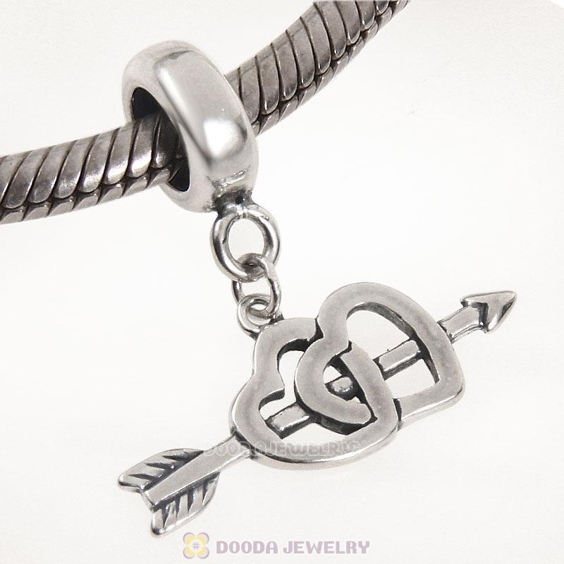 925 Sterling Silver Double Heart Arrow Dangle Pendant 