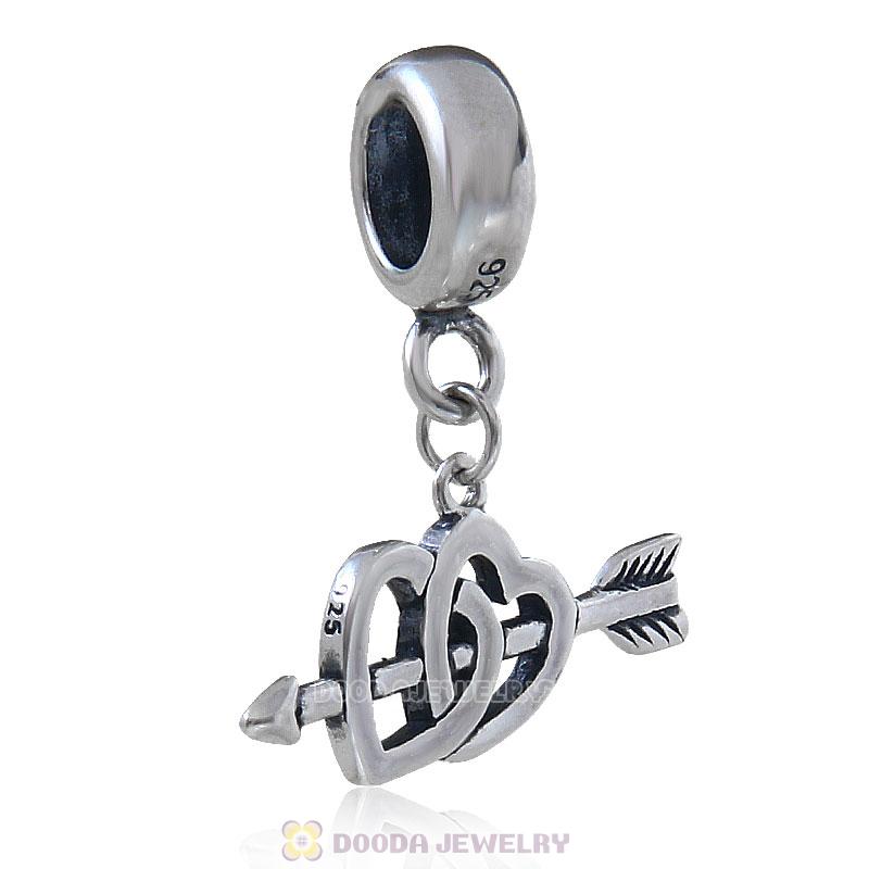 925 Sterling Silver Double Heart Arrow Dangle Pendant 