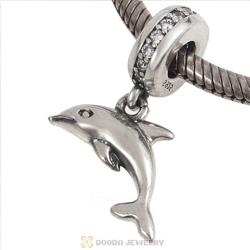 925 Sterling Silver Playful Dolphin with Clear CZ Dangle Bead