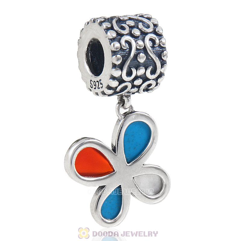 925 Sterling Silver Dangle Natural Turquoise Flower Charm 