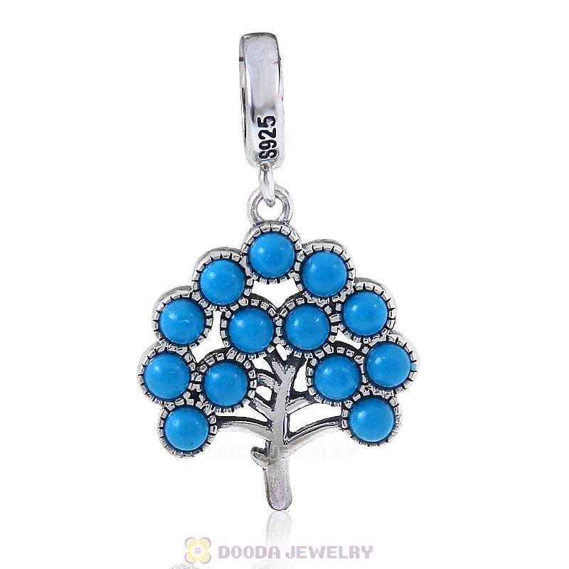 925 Sterling Silver Dangle Natural Turquoise Family Tree Charm 